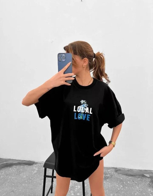 Unisex Bisiklet Yaka Baskılı Oversize TShirt