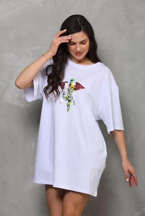 Unisex Bisiklet Yaka Baskılı Oversize TShirt