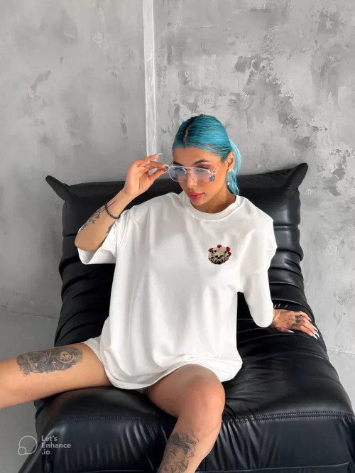 Unisex Bisiklet Yaka Baskılı Oversize TShirt