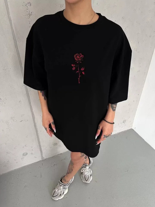 Unisex Bisiklet Yaka Baskılı Oversize TShirt