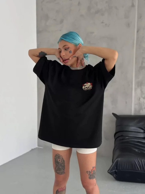 Unisex Bisiklet Yaka Baskılı Oversize TShirt
