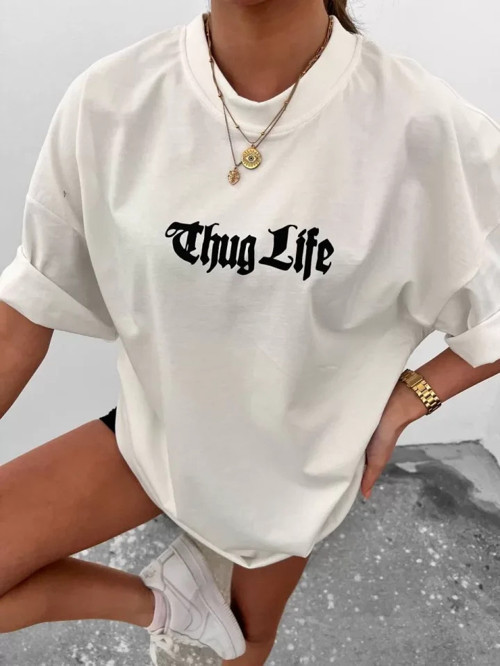 Unisex Bisiklet Yaka Baskılı Oversize TShirt