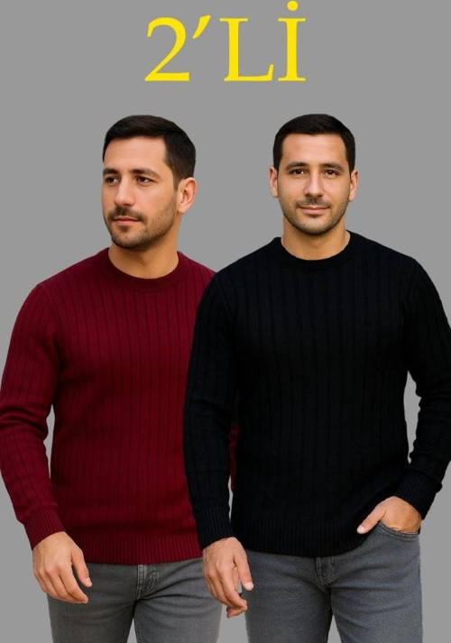 Erkek Fitilli Triko Kazak 2’li Set – Siyah Bordo, Kalın Dokuma Pamuklu Regular Fit Bisiklet Yaka Uz