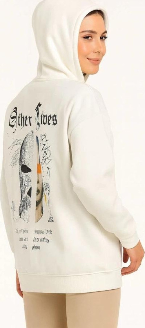 Oversize Üç İplik Şardonlu Kapüşonlu Sweatshirt – “Other Lives” Ön Ve Arka Baskılı, Kanguru Cepli,