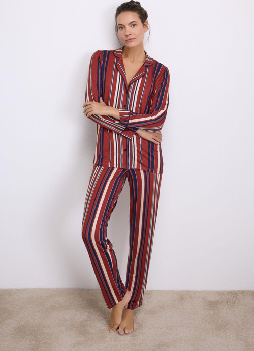 %100 Modal Uzun Kollu Düğmeli Çizgili Pijama Takımı