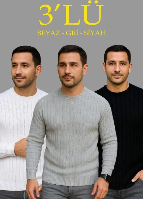 Erkek Fitilli Triko Kazak 3’lü Set – Beyaz, Gri, SiyahKalın Dokuma Pamuklu Regular Fit Bisiklet Yaka