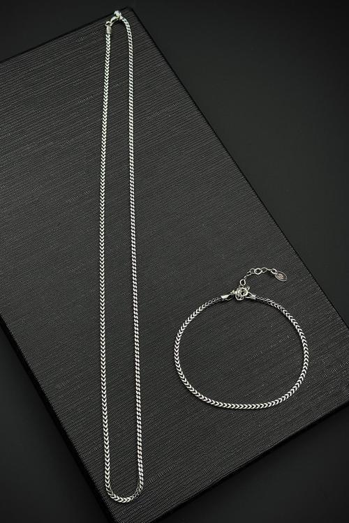 925 Ayar Gümüş italyan Model Gümüş Renk Erkek Bileklik/Kolye Set FRJ12600-3600-A