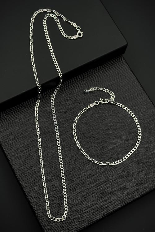 925 Ayar Gümüş İtalyan Model Gümüş Renk Erkek Bileklik/Kolye Set FRJ12425-3425-A