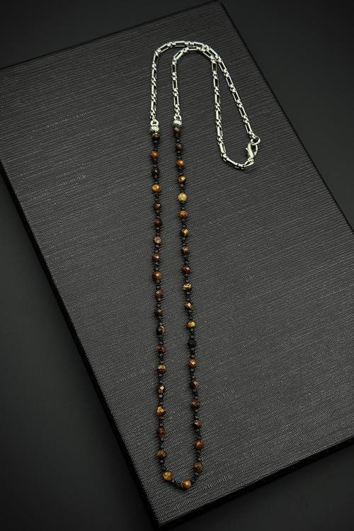 316L Çelik ve Kaplan Gözü Doğal Taşlı Kahverengi Erkek Kolye FRJ30860-960-K