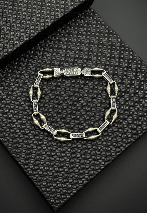 925 Ayar Gümüş Siyah Zirkon Taşlı Gümüş Renk Erkek Bileklik FRJ12648-3648-S