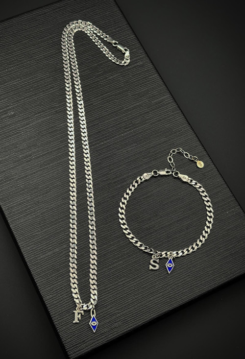 925 Ayar Gümüş İtalyan Model Nazar Boncuk ve Harfli Erkek Bileklik/Kolye Set FRJ12477-3477-AL