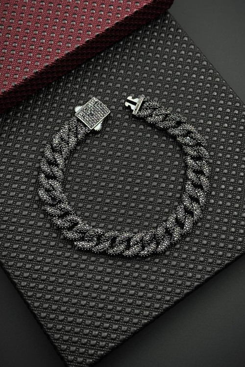 925 Ayar Gümüş Siyah Zirkon Taşlı Füme Renk Erkek Bileklik FRJ12682-3682-S