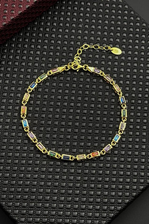 925 Ayar Gümüş Mix Renkli Zirkon Taşlı Altın Renk Erkek Bileklik FRJ12718-3718-CKG