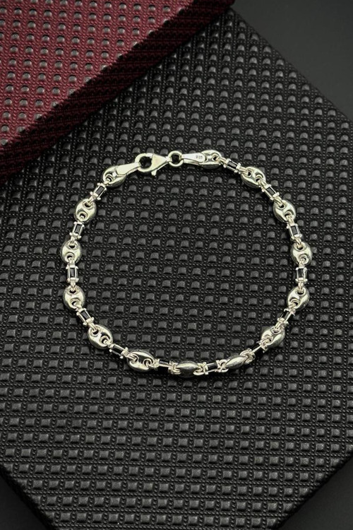 925 Ayar Gümüş İtalyan Model Siyah Zirkon Taşlı Gümüş Renk Erkek Bileklik FRJ12714-3714-S