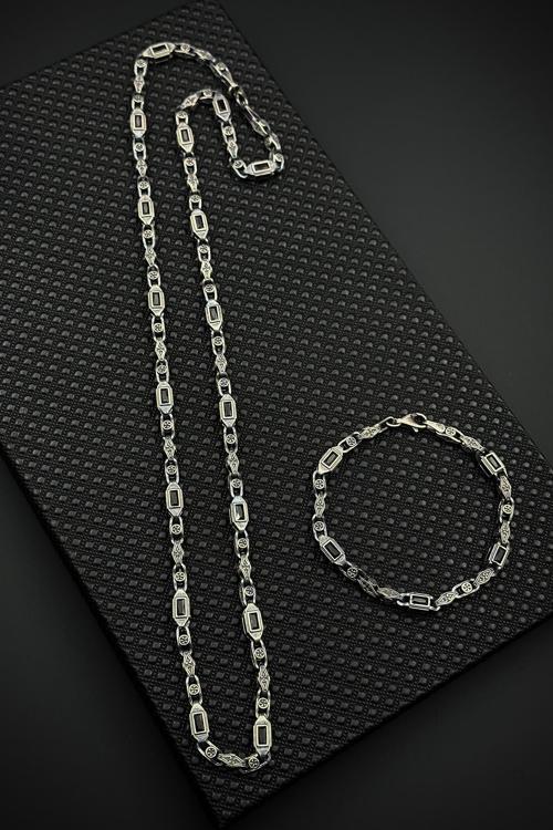 925 Ayar Gümüş Siyah Zirkon Taşlı Gümüş Renk Erkek Bileklik/Kolye Set FRJ12657-3657-S