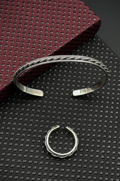 925 Ayar Gümüş İtalyan Model Gümüş Renk Erkek Bileklik/Yüzük Set FRJ12661-3661-A11