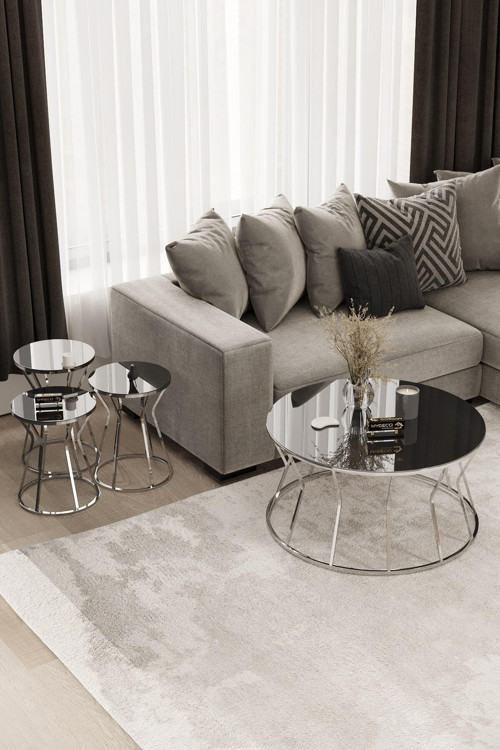 Kum Saati Orta Sehpa & Zigon Sehpa Set Gümüş Kaplama Füme Ayna