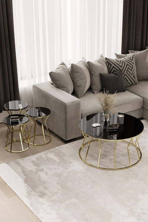 Kum Saati Orta Sehpa & Zigon Sehpa Set Gold Kaplama Siyah Ayna