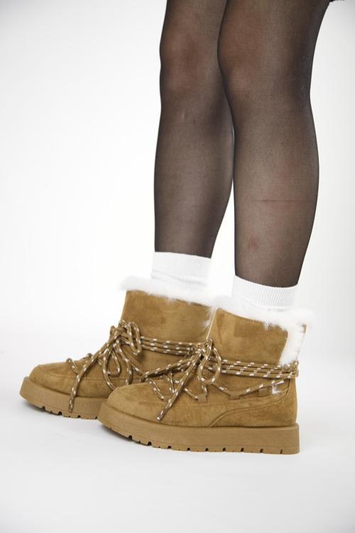 219851141-11 Kadın Yumuşak Rahat Kürklü Bot - Tekstil Süet Kışlık Taba Bot