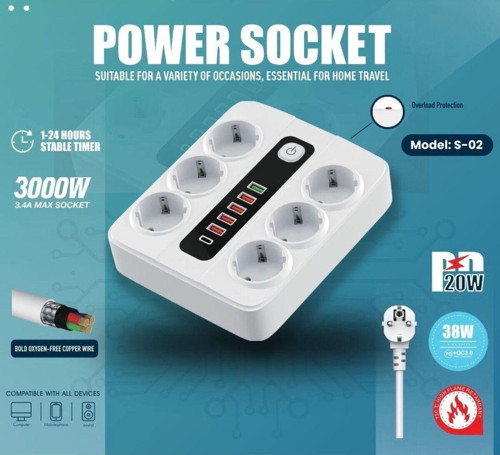 Akıllı Priz Typ-C Ve Usb Girişli 6 Lı Hızlı Şarjlı Akım Korumalı
