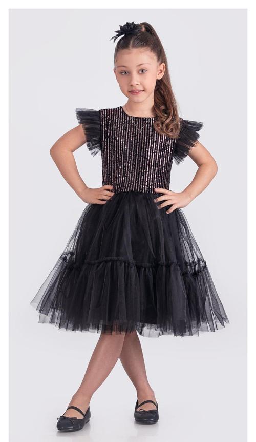 Pul Payet Katkat Tütü Etekli Kız Çocuk Elbise M00722 SİYAH - PEMBE