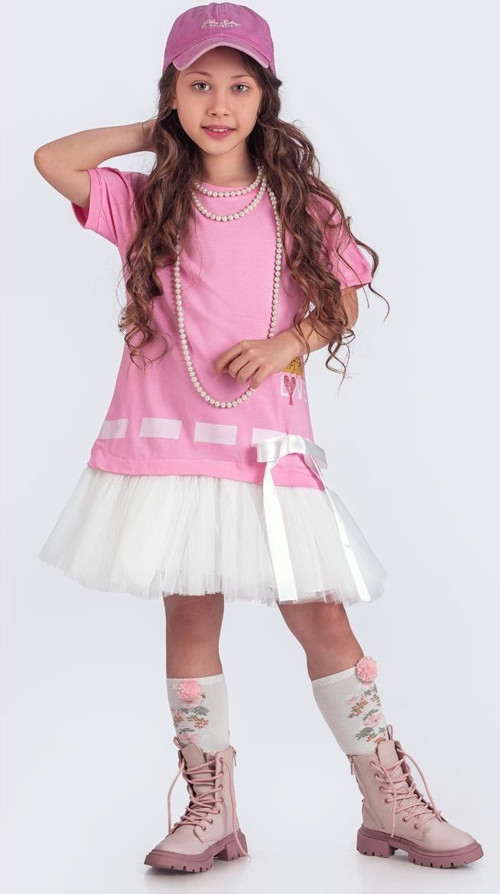 Tütü Etekli Yazlık Penye Kız Çocuk Spor Elbise M00703 PEMBE