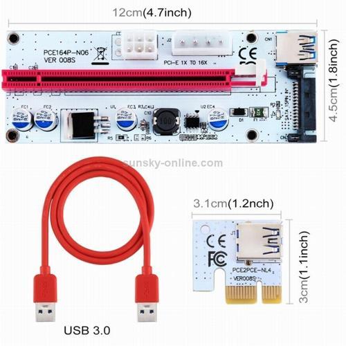 VER008S USB 3.0 PCI-E Express 1x to 16x PCI-E Extender Riser Card Adapter 15 Pin SATA Power 6 Pin + 4 Pin Power