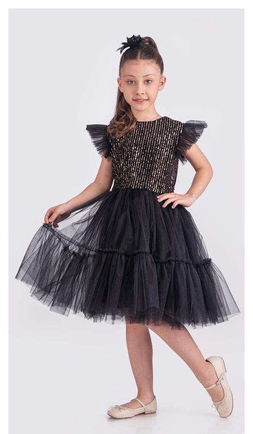 Pul Payet Katkat Tütü Etekli Kız Çocuk Elbise M00722 SİYAH - SARI