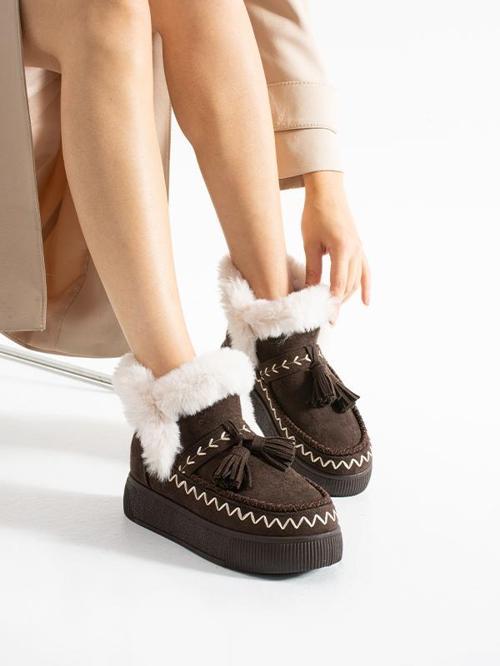 219851142-10P Kadın Yumuşak Rahat Kürklü Bot - Tekstil Süet Kışlık Kahve Bot