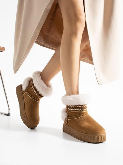219851142-11 Kadın Yumuşak Rahat Kürklü Bot - Tekstil Süet Kışlık Taba Bot