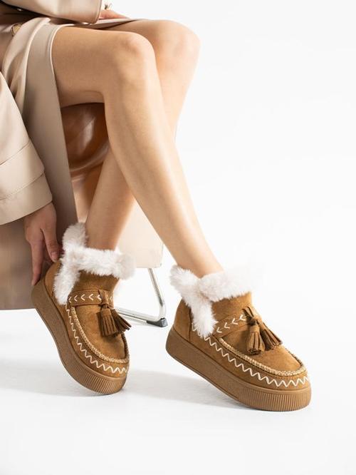 219851142-11P Kadın Yumuşak Rahat Kürklü Bot - Tekstil Süet Kışlık Taba Bot
