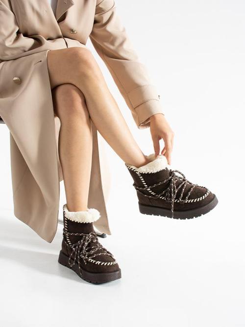 219851141-10S Kadın Yumuşak Rahat Kürklü Bot - Tekstil Süet Kışlık Kahve Bot