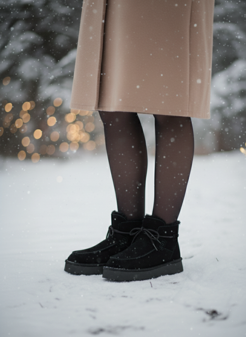 Kadın Siyah Süet Yumuşak Deri Kürklü Kışlık Bağcıklı Bot