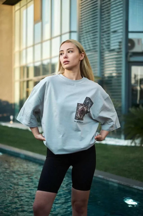 Unisex Bisiklet Yaka Baskılı Oversize TShirt