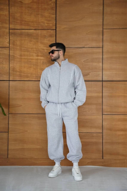 Erkek Premium Parçalı Eşofman Takım Dik Yaka Fermuarlı Biyeli Sweatshirt Lastik Paça Alt, Oversize