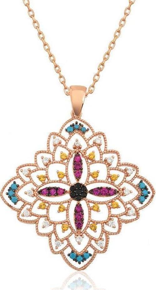 925 Ayar Gümüş Rose Etnik Desenli Madalyon Kolye