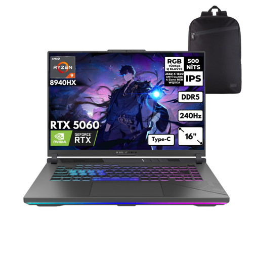 ROG Strix G16 Ryzen9-8940HX 48 -GBDDR5 1 TBSSD RTX5060 (8GB-GDDR7) 16" WQXGA 240Hz Win 11 Pro + S.Çantası G614PM-S5062HMF19