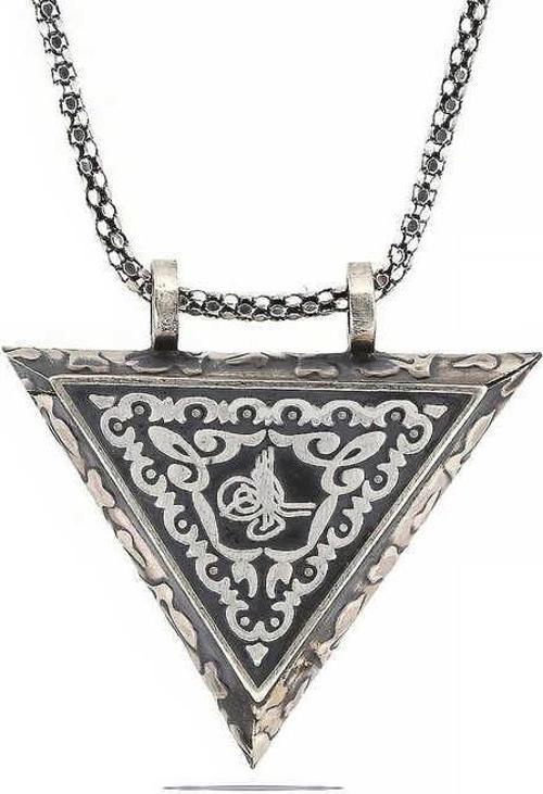 925 Ayar Gümüş Üçgen İçi Açılabilen Tuğra Muskalık Gümüş Kolye