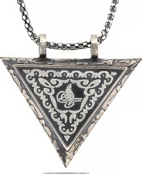 925 Ayar Gümüş Üçgen İçi Açılabilen Tuğra Muskalık Gümüş Kolye