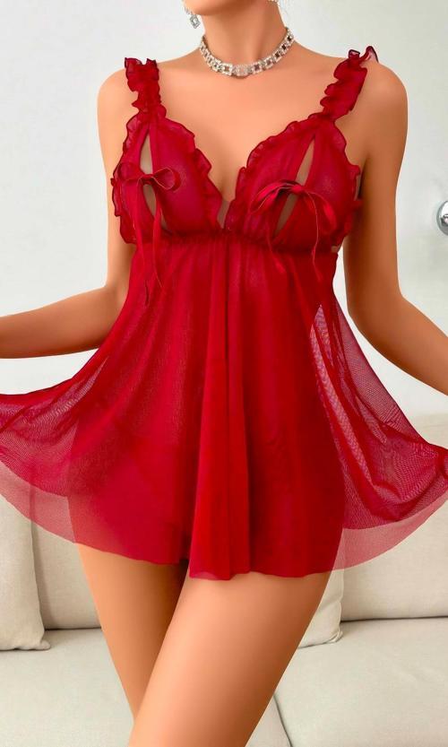 Kadın Bordo Tül Gecelik Fırfırlı Fiyonklu Şık Giysi Tanga Hediyeli İç Giyim