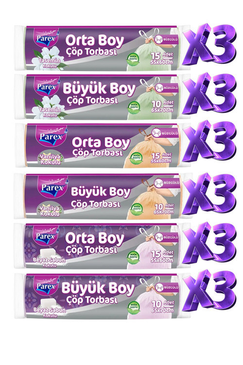 Orta ve Büyük Boy Büzgülü Kokulu 18 Paket Çöp Torbası Seti