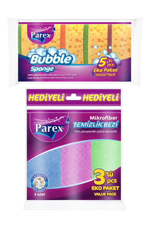 Mikrofiber Karışık Renkli 3'lü Temizlik Bezi ve 5'li Bubble Sünger Paketi