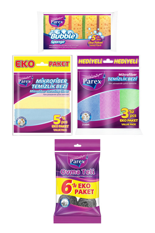 Mikrofiber Karışık Renkli Temizlik Bezi Ovma Teli ve Sünger Paketi