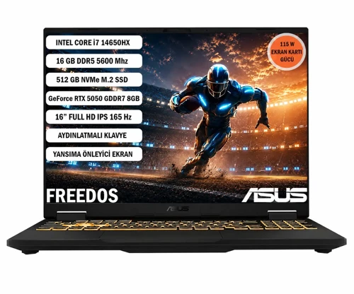 TUF Gaming F16 FX608JHR-RV053 Intel Core i7 14650HX 16GB 512GB SSD RTX5050 Freedos 16" Taşınabilir Bilgisayar