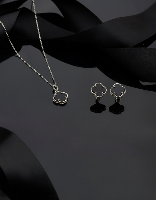 925 Ayar Oniks Taşlı Rodyum Van Cleef Yonca Kolye Küpe 2'li Gümüş Set-Takım