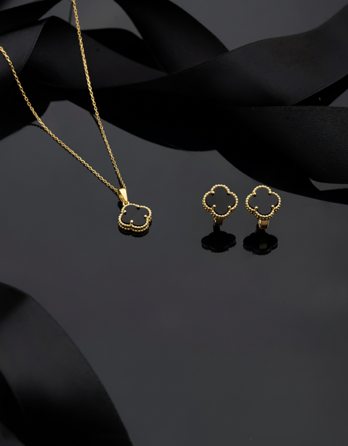 925 Ayar Oniks Taşlı Gold Van Cleef Yonca Kolye Küpe 2'li Gümüş Set-Takım