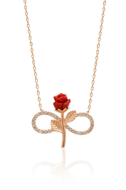 Zirkon Taşlı Rose Gül Motifli Sonsuzluk Gümüş Kolye