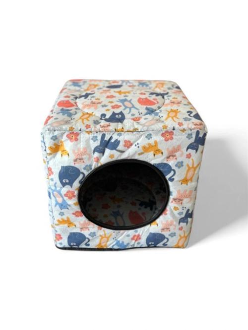 Üç Fonksiyonlu Kedi Yatağı - Desenli Beyaz