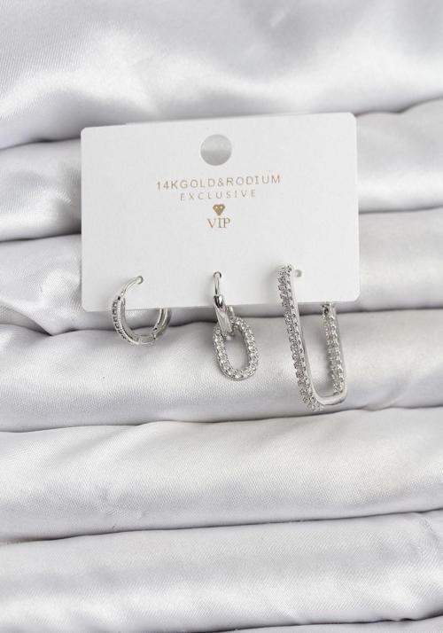 Gümüş Renk Zirkon Taşlı 3'lü Kadın Küpe Seti