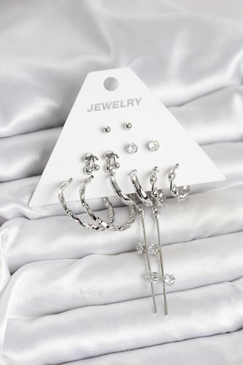 Gümüş Renk Pirinç 6'lı Kadın Küpe Seti